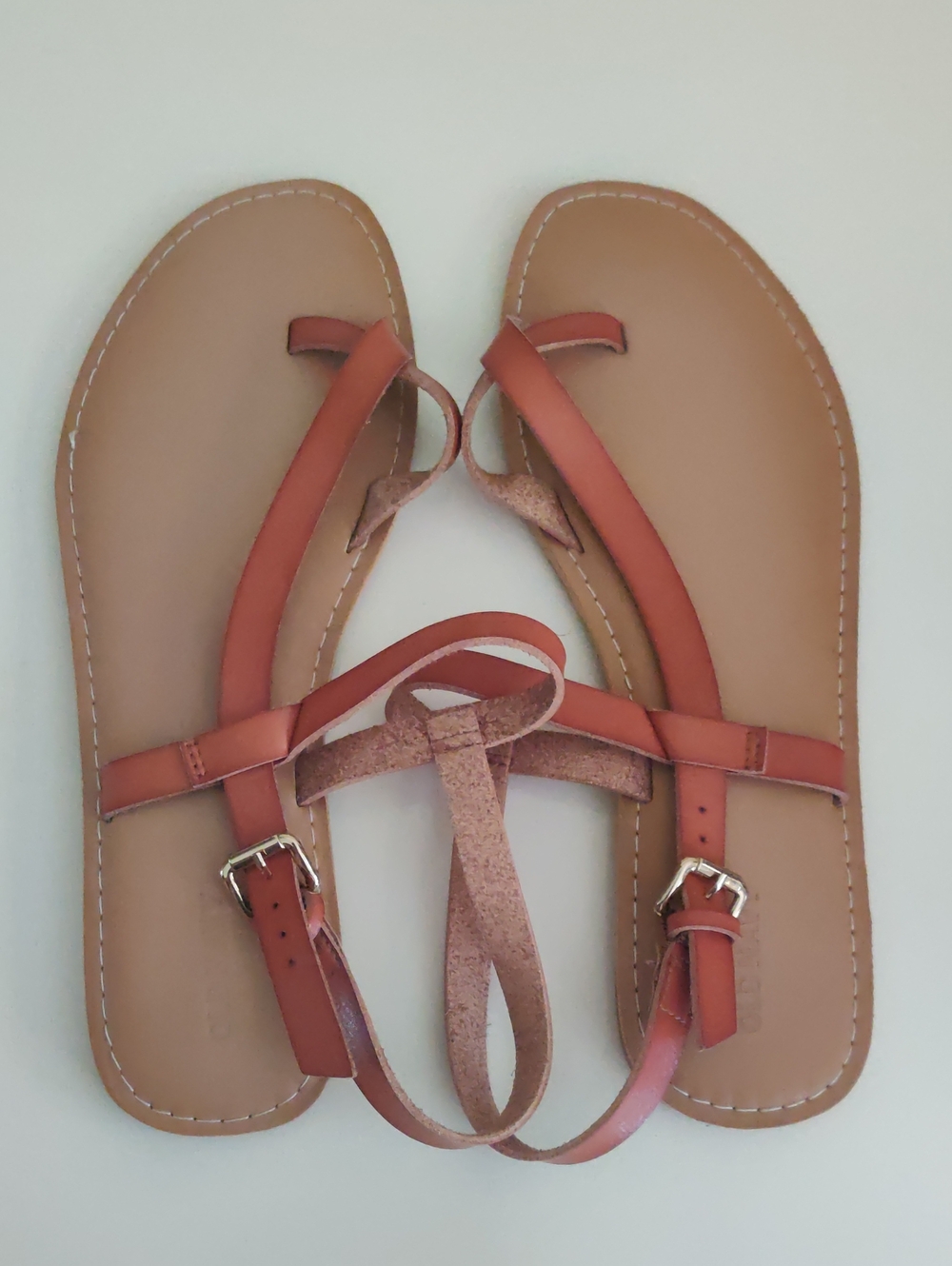 Old Navy Brown Faux Leather T-Strap Sandals with Ankle Buckles